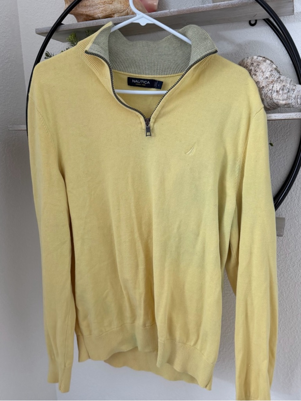 Nautica Men's Light Yellow Half-Zip Sweater with Contrast Collar